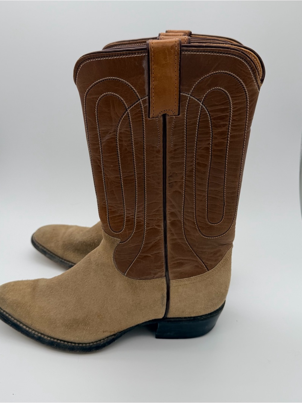 Vintage 70s Justin Boots Western Cowboy Two Tone Suede Cognac Leather 6.5 C USA